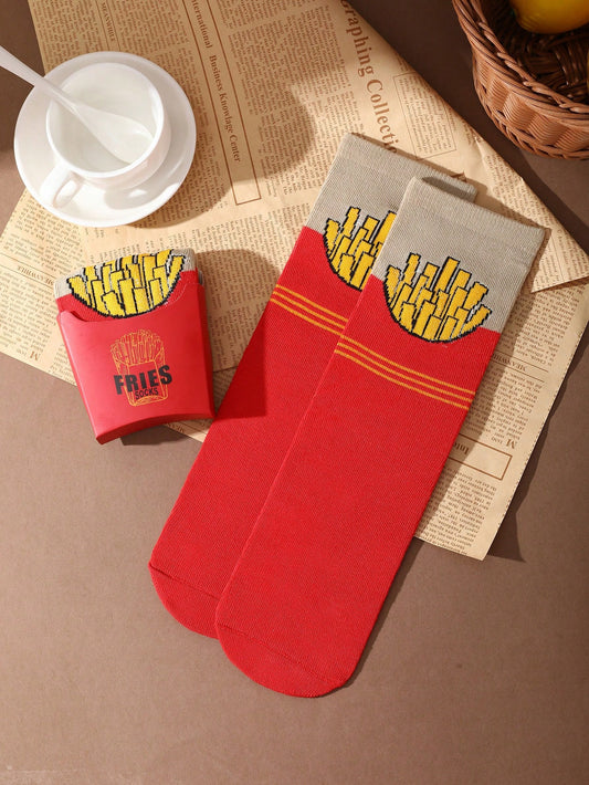 1 Pair Novelty Multi-Color French Fries Mid-Calf Socks Gift Box