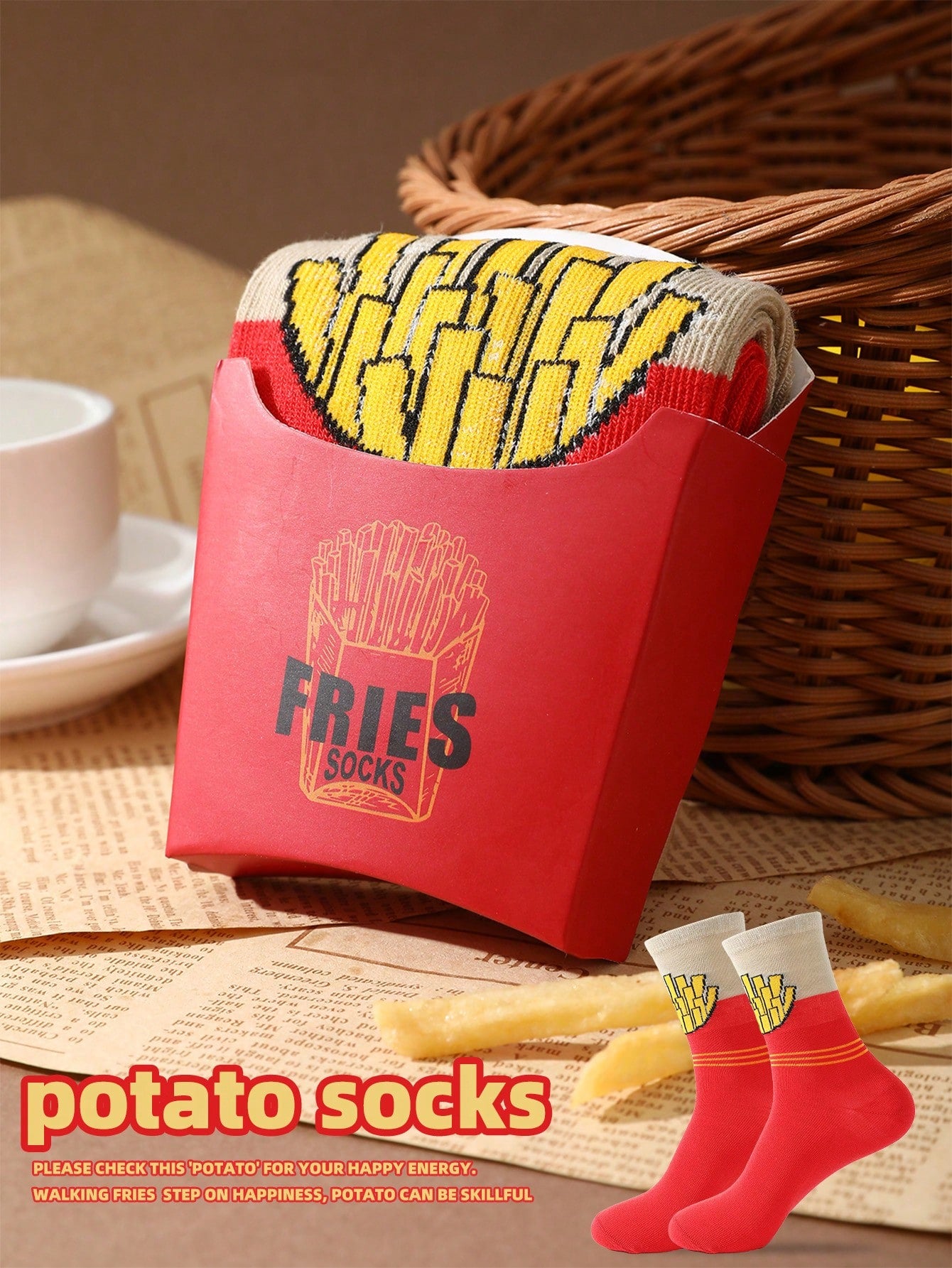 1 Pair Novelty Multi-Color French Fries Mid-Calf Socks Gift Box