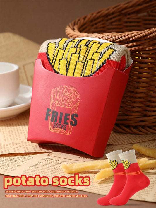 1 Pair Novelty Multi-Color French Fries Mid-Calf Socks Gift Box
