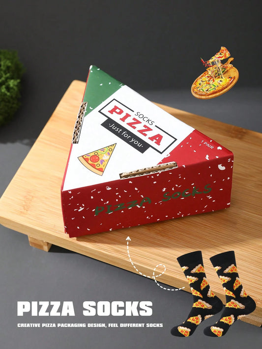 1 Pair Premium Realistic Pizza Design Mid-Calf Socks Gift Box